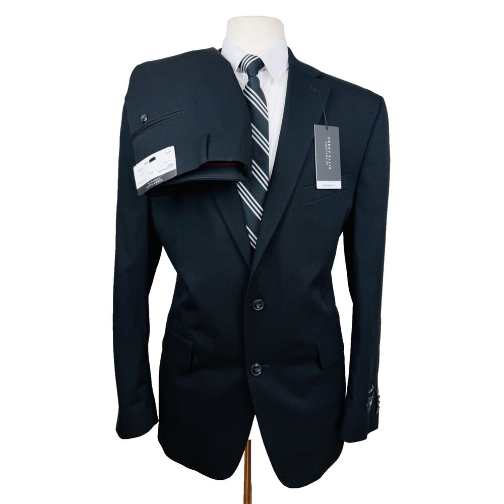 $395 NEW PERRY ELLIS Mens 38S Solid Black 2 Piece Suit With Dress Pants 31x30